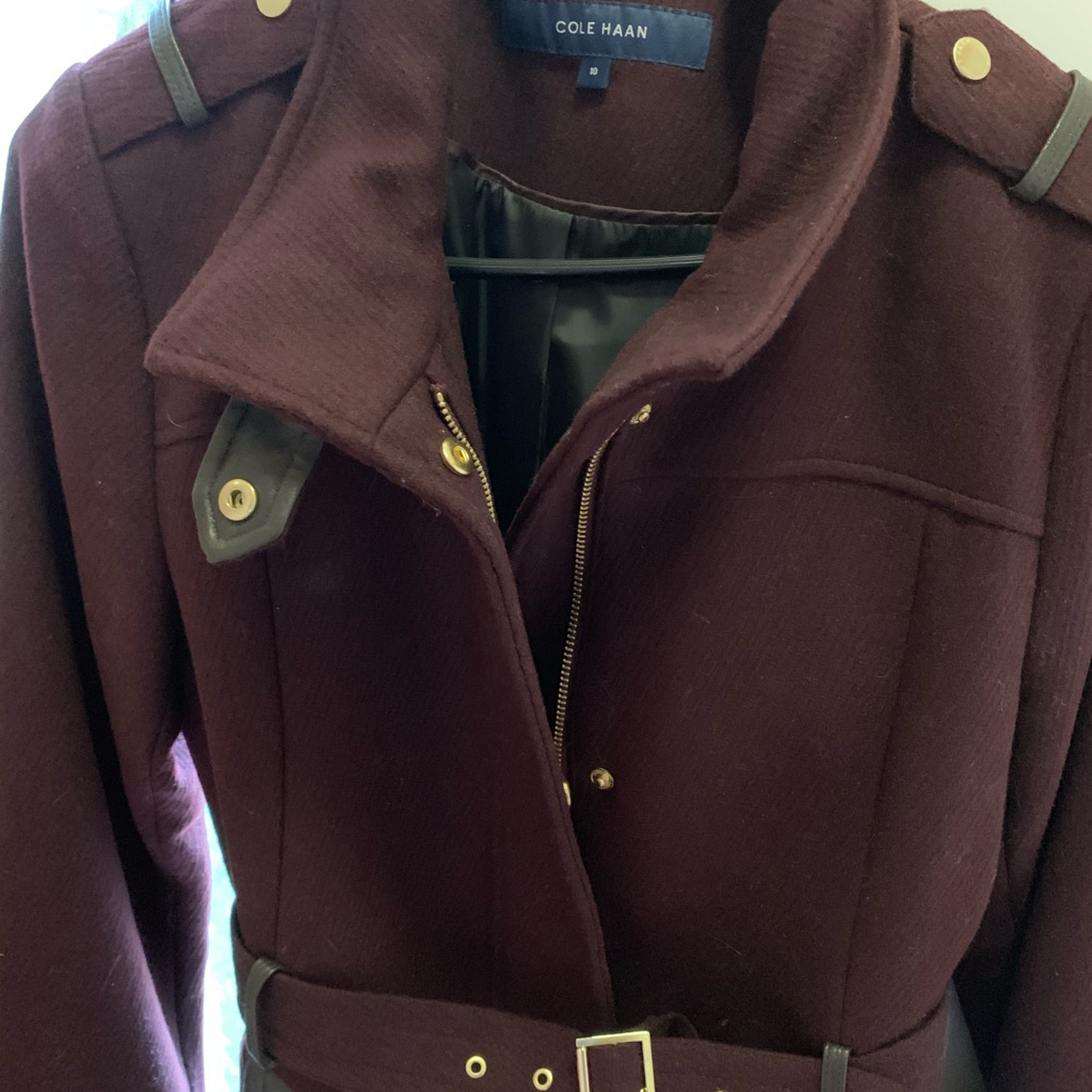 Cole Haan Aubergine Wool, Leather Coat Final Price.